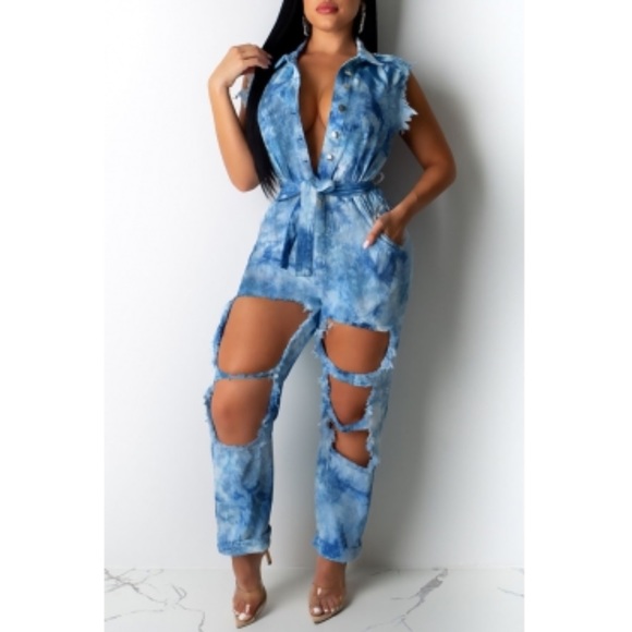 Trendy Hollow-out Baby Blue One-piece Jumpsuit - Picture 1 of 2